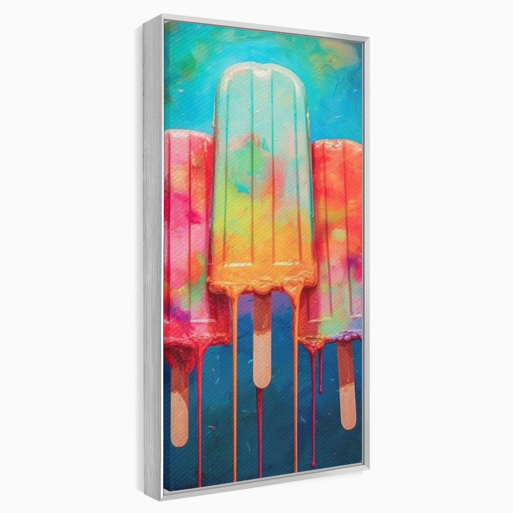Tablou canvas cu pictura digitala cu trei inghetate pe bat colorate, in rama de aluminiu argintiu